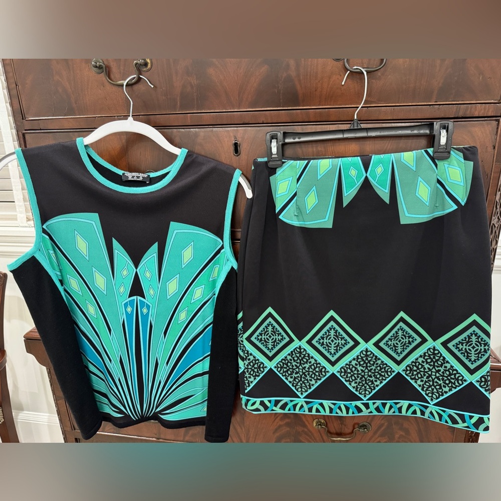 VTG Averado Bessi Italy Silk Wool Sweater Top 10 Skirt 8 Pucci Style black teal